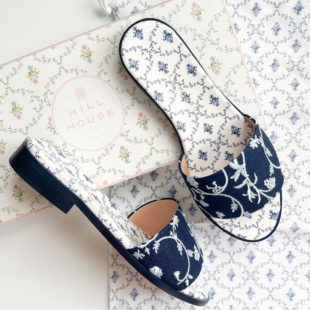 Hill House Navy & White Embroidered Slide Mules
